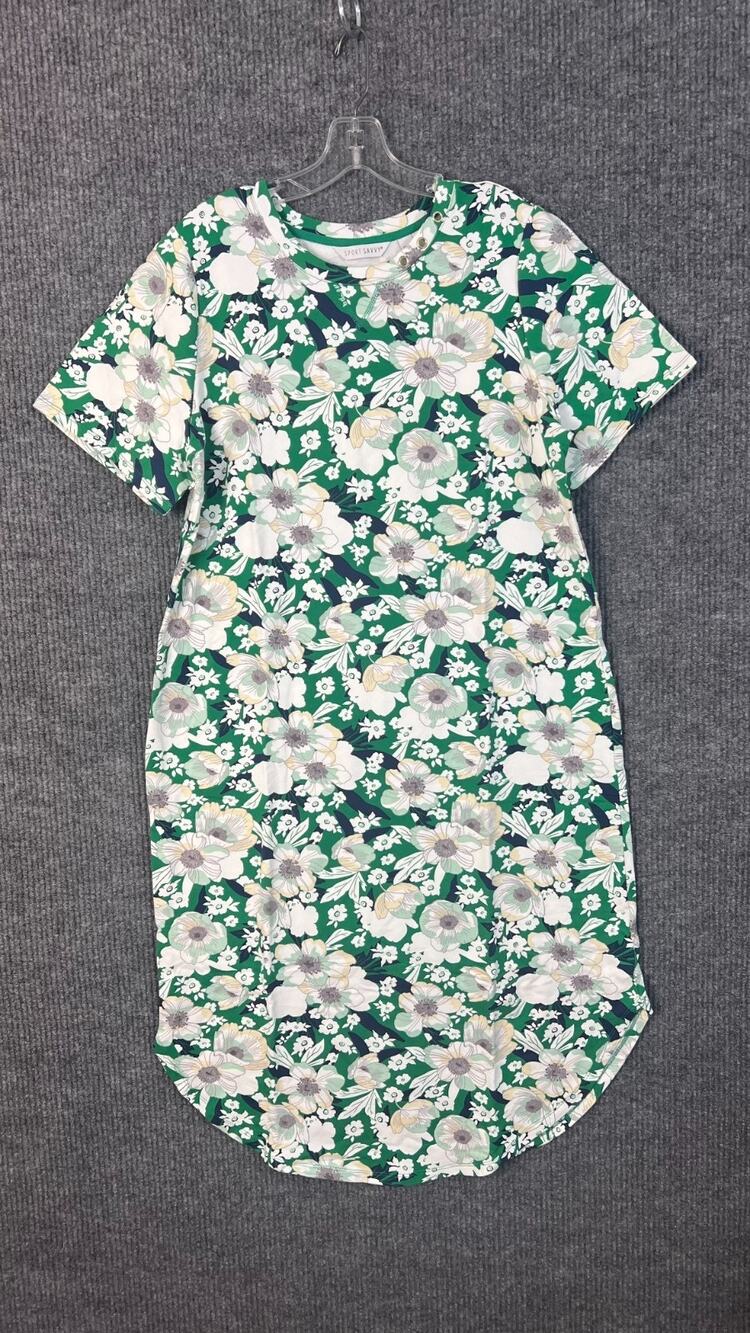 Sport Savvy Midi T Shirt Dress Womens XL Green Floral Short Sleeve French Terry